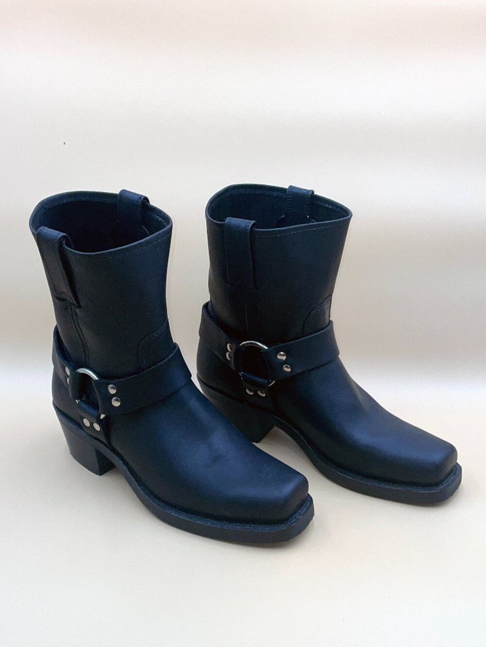 NWT FRYE Black Leather Harness 8R Moto Boots Square Toe USA Made Size 8.5 M